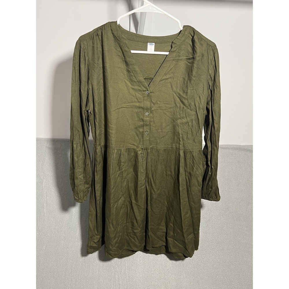 Old Navy Women's Petite Small S P Olive Green Long Sleeve Smock‎ Dress Casual